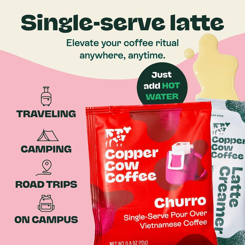Copper Cow Coffee Pour Over Vietnamese Coffee Pouches + Sweetened Condensed Milk Creamers (8 Coffees & 8 Milk Creamers) | Churro Lattes, No Refrigeration Needed, Travel Friendly - Image 4
